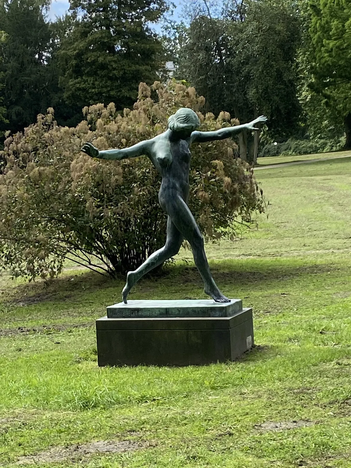 Зеленый парк Йенишпарк в Гамбурге с деревьями и газонами