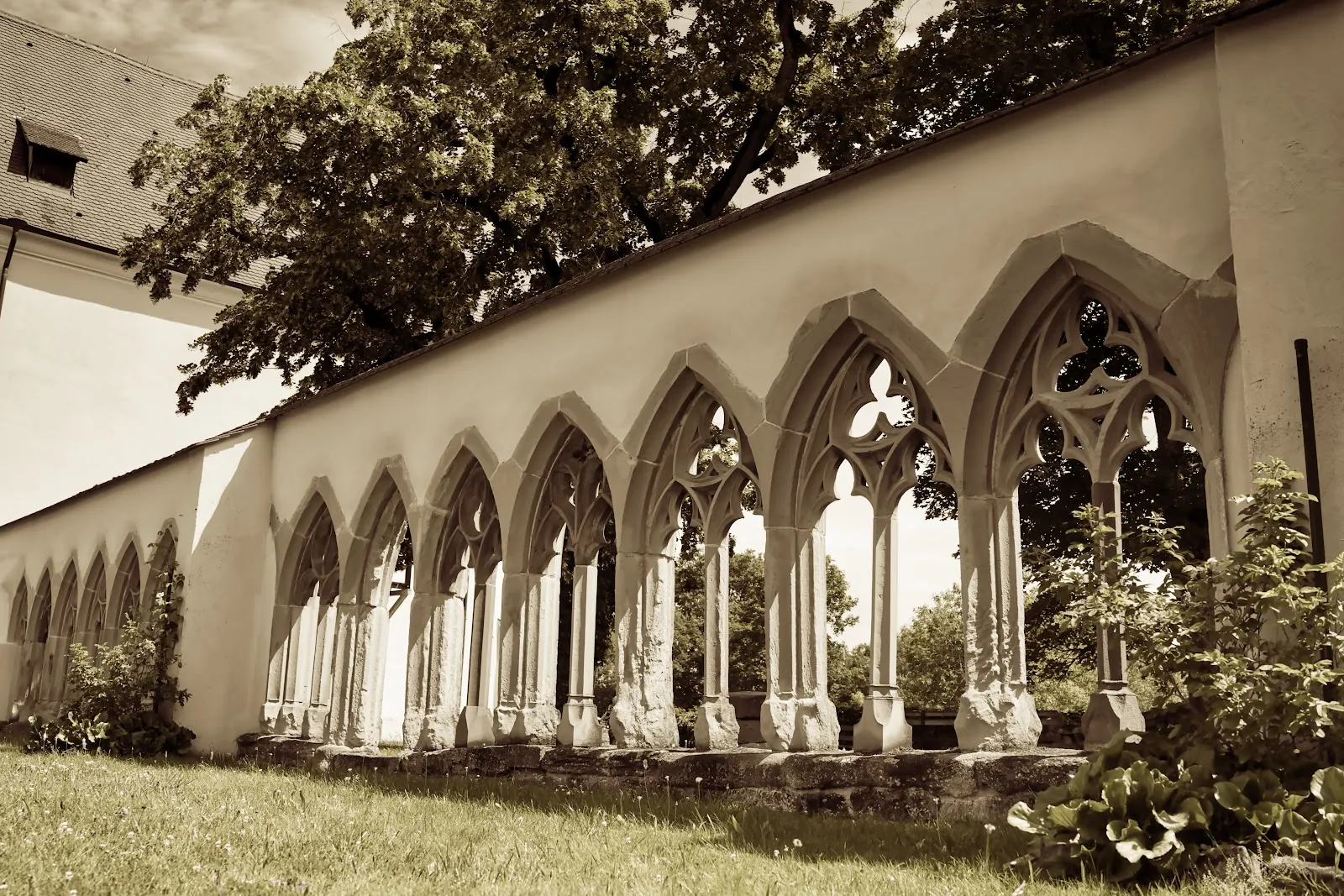 Вид на Кирхбергский монастырь с колокольней и прилегающим садом