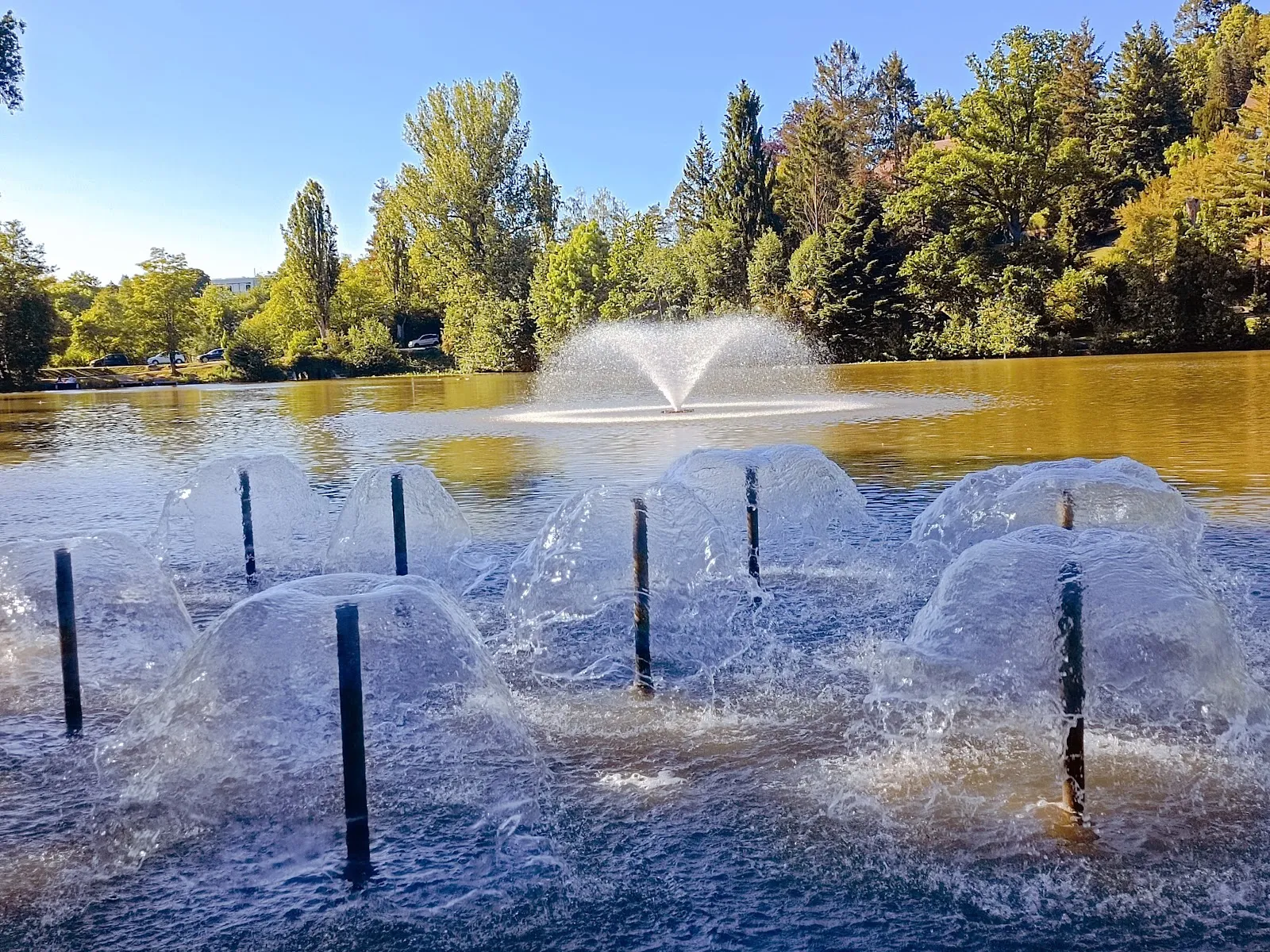 Пейзаж озера Клостерзее в Зиндельфингене с элементами старинной архитектуры