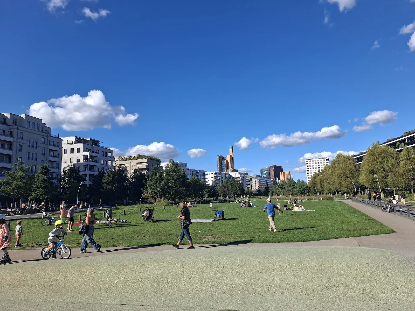 Деревья и зеленые лужайки в Парке ам Глайсдрайек, Берлин.