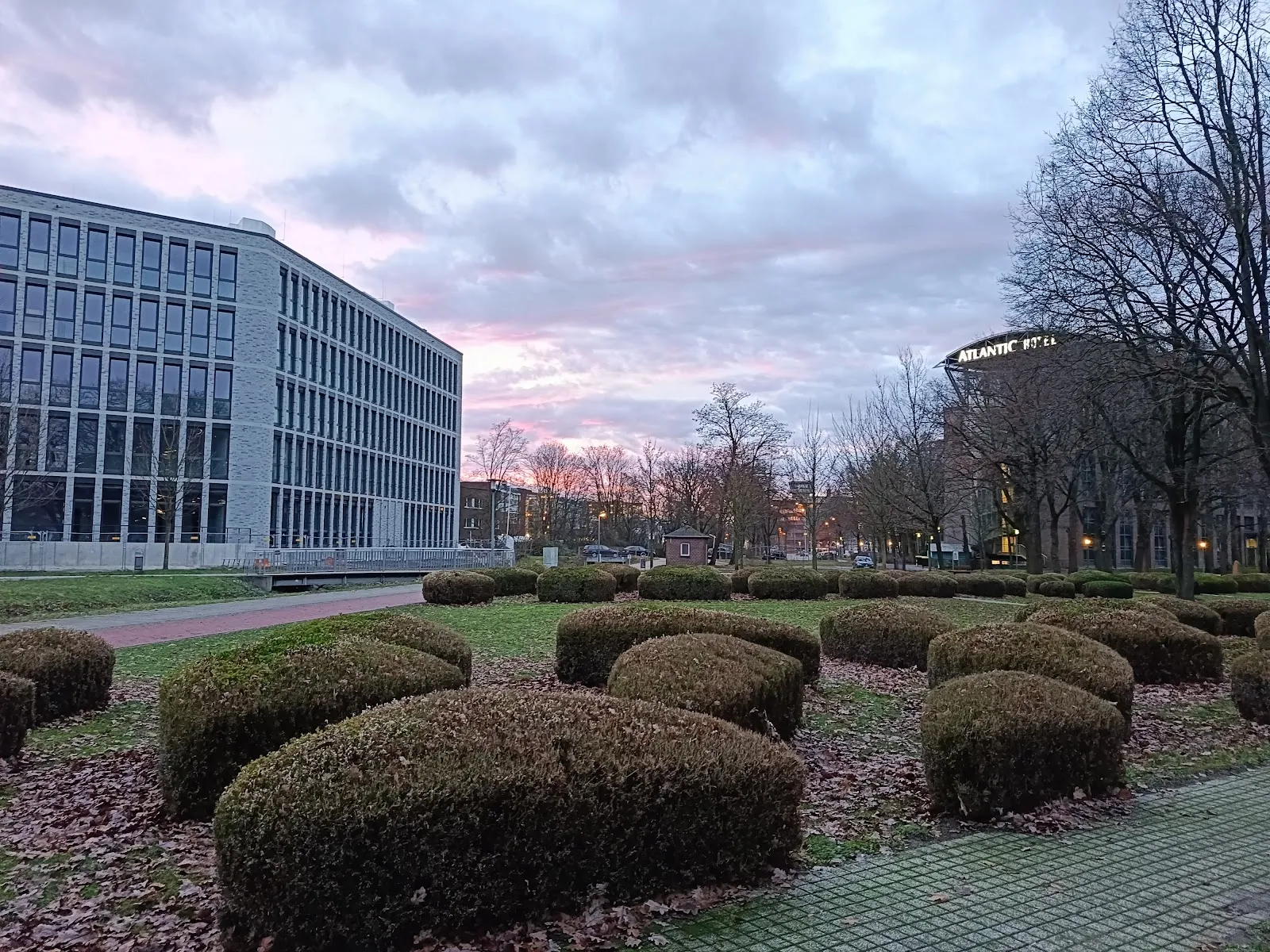 Парк у аэропорта Бремен с деревьями и газоном