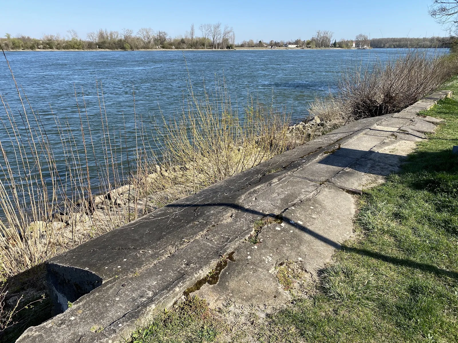 Вид на набережную Рейна в Нирштайне, Германия, с мостом и водой.