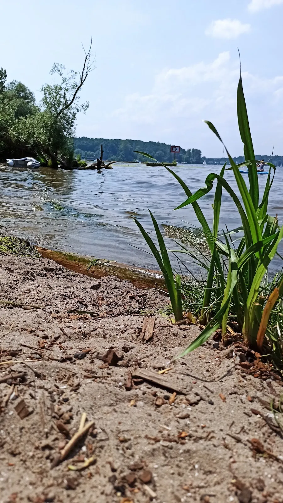 Пляж Гроссе Штайнланке в Берлине с людьми, отдыхающими на берегу у воды.