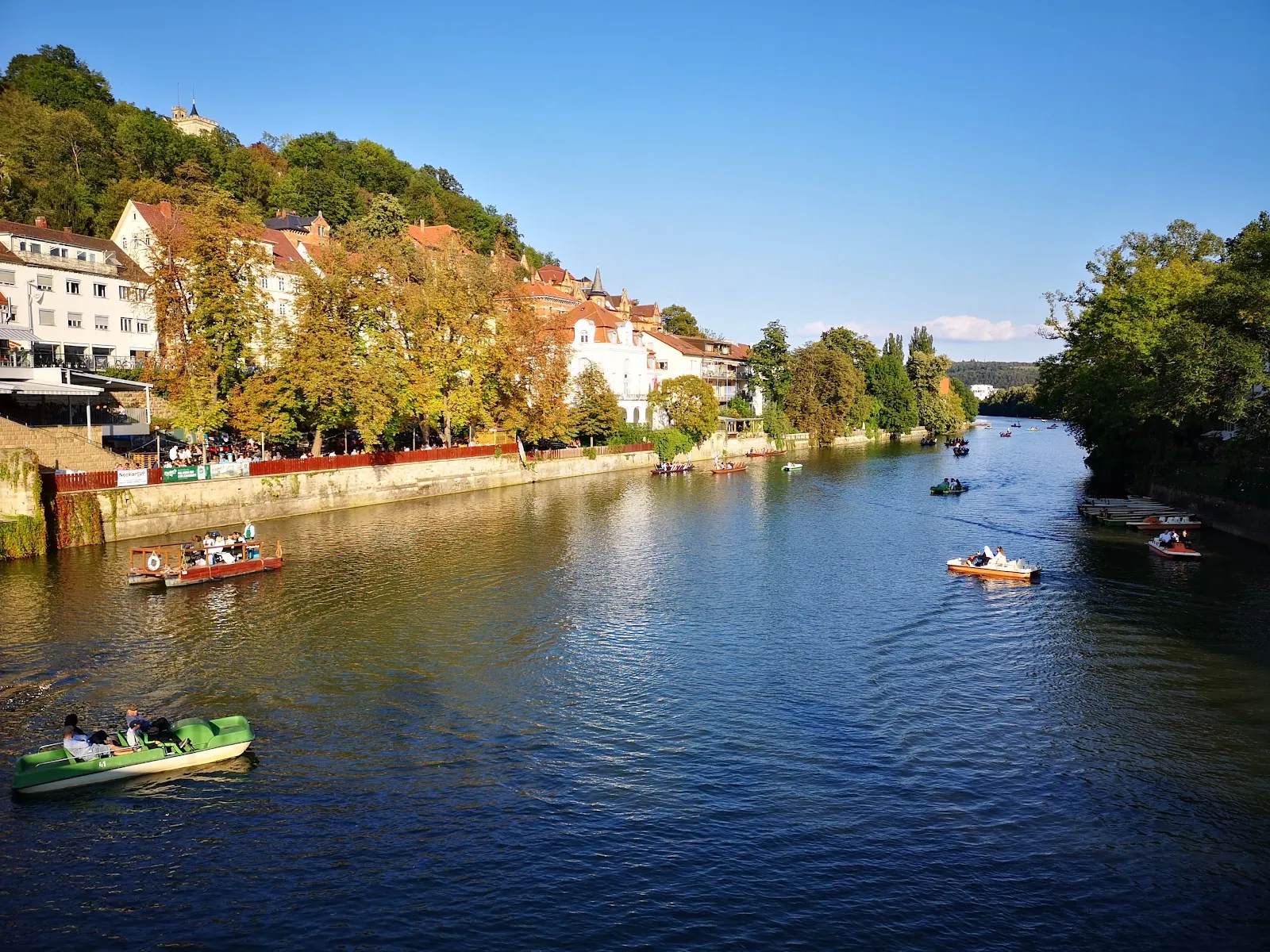 Река Неккар с зелеными берегами и мостом