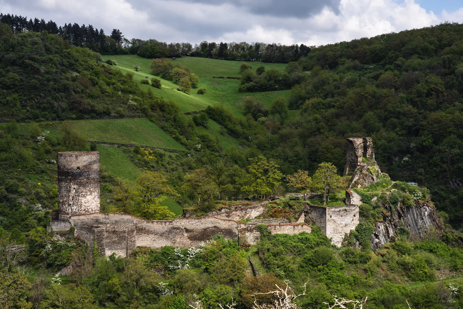 Руины замка Штальберг на вершине холма с видом на долину Рейна