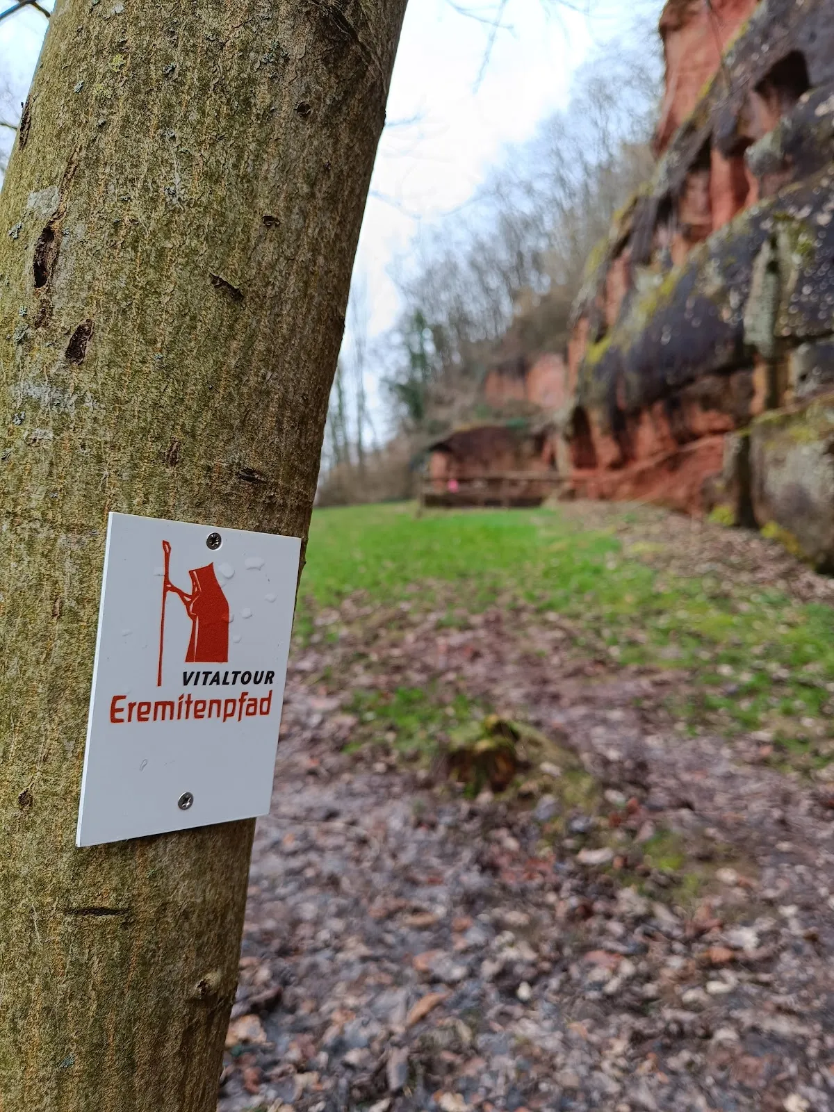 Вид на Скалу-Эрмитаж, монастырь, высеченный в скале, в Германии