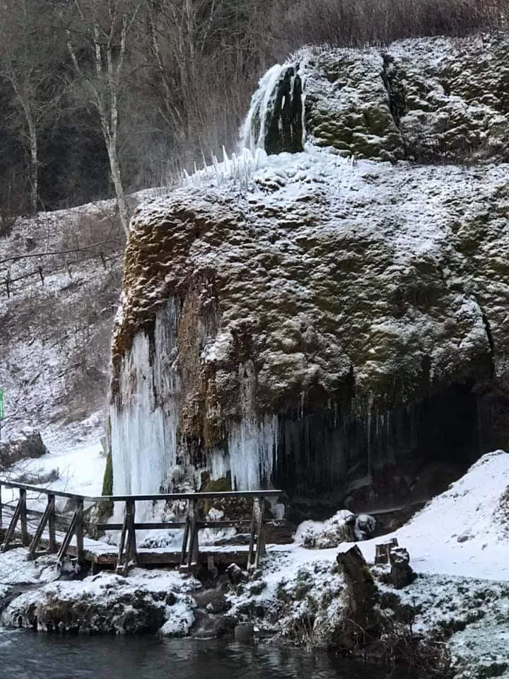 Вид на водопад Драймюлен с падающей водой и окружающим лесом