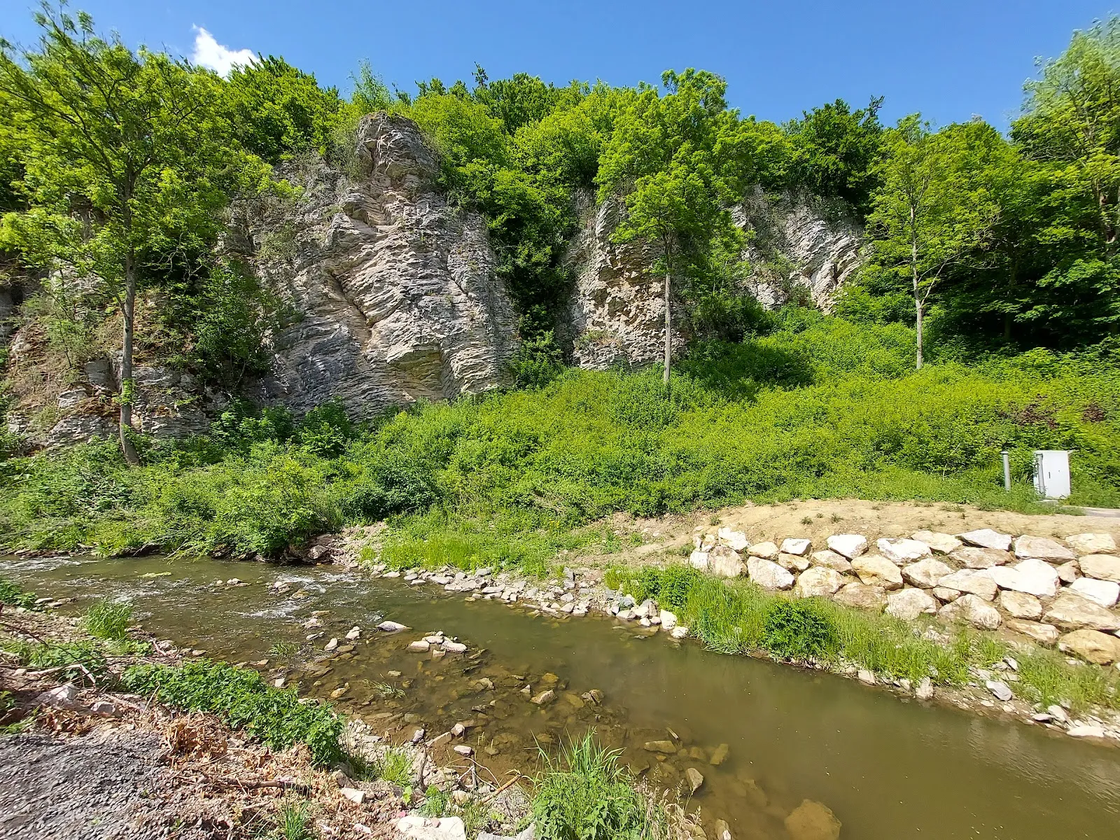 Вид на водопад Драймюлен с падающей водой и окружающим лесом